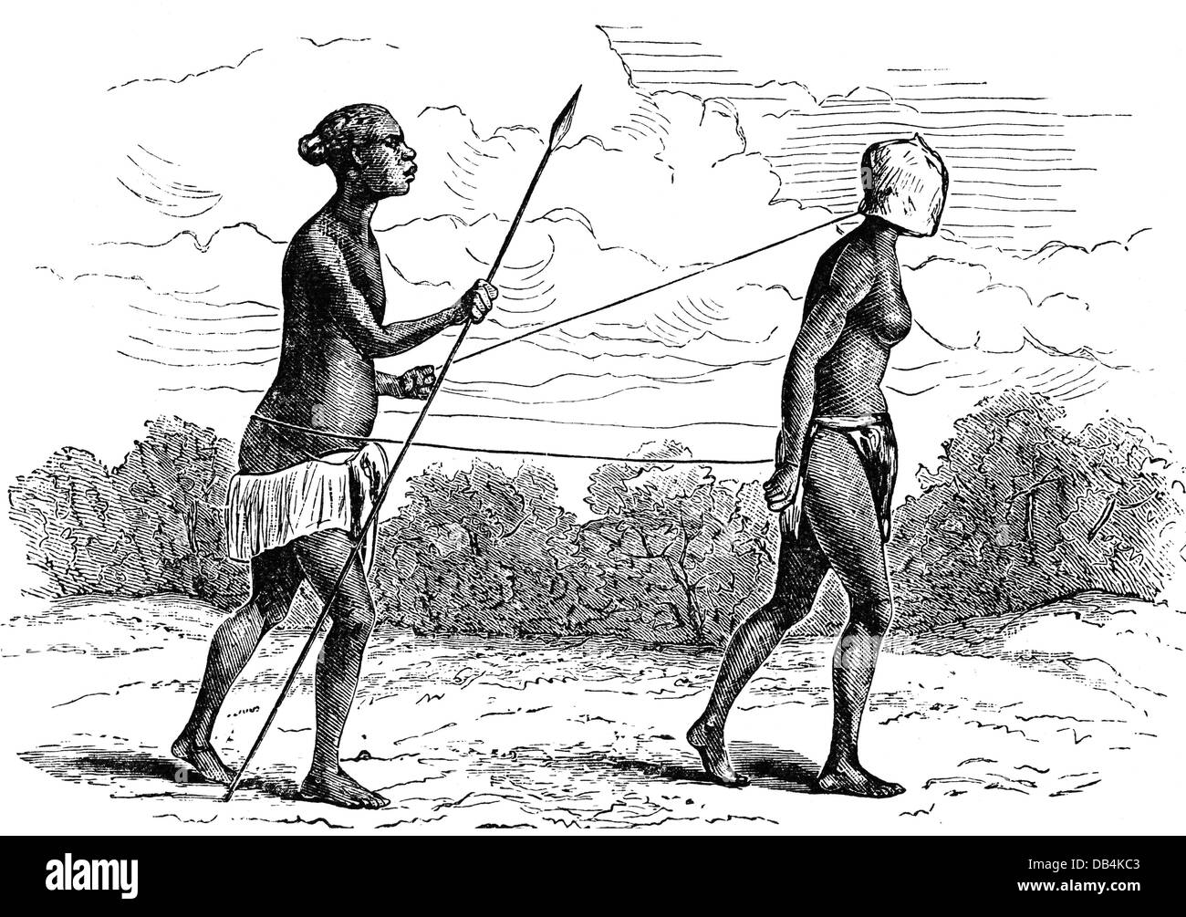 slavery, African slaver with a dicplaced female slave, wood engraving, 19th century, bag over the head, blindfolded, ying up, enchained, tying up, binding, tie up, bind, Black African, Africans, people, men, man, women, Africa, abolition of slave trade, human trafficking, trafficking in human beings, captives, captive, historic, historical, Additional-Rights-Clearences-Not Available Stock Photo