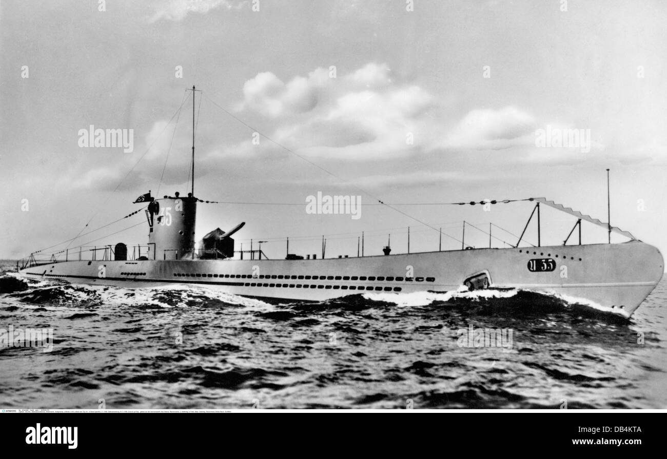 Nazism / National Socialism military, navy, submarines, U-35, Type VII A, commissioned on 3.11.1936, scuttled on 19.11.1939, at sea, circa 1937, Uboats, U-boats, U boats, Uboat, U-boat, boat, submarine, Third Reich, German Reich, navy, Second World War, WWII, water, Germany, navigation, 20th century, historic, historical, 1930s, Wehrmacht, Additional-Rights-Clearences-Not Available Stock Photo