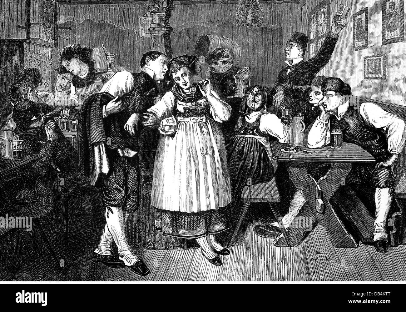 gastronomy, tavern, wine tavern of the Protestant peasants of Bouxwiller, interior view, after Charles Marchal, wood engraving, 1861, Additional-Rights-Clearences-Not Available Stock Photo