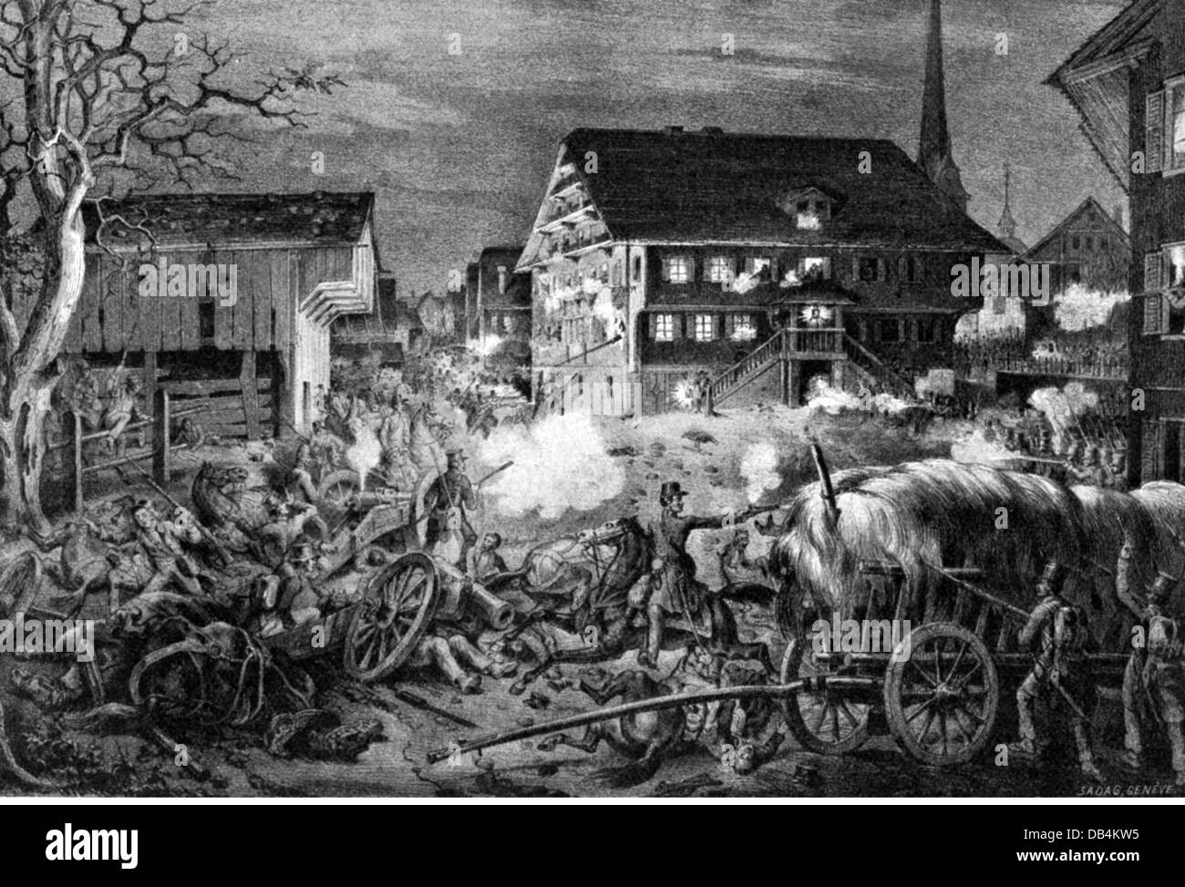 Freischar Raids in Switzerland 1844 - 1845, Battle of Malters, 1.4.1845, defeat of the Freischars against troops from Luzern, contemporary lithograph, Eglin Brothers, Luzern, combat, civil war, liberal uprising, anti-clergical, solidiers, military, 19th century, historic, historical, people, Additional-Rights-Clearences-Not Available Stock Photo