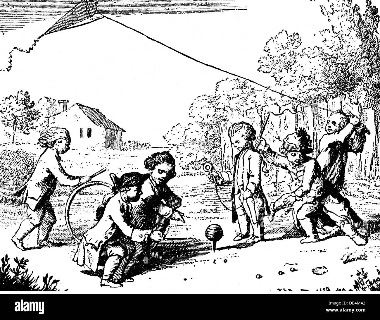 leisure, kiteflying, children with kite, hoop and spinning top outdoors, after drawing, by Daniel Chodowiecki (1726 - 1801) , engraving, by Schleuen, 18th century, 18th century, graphic, graphics, game, games, toy, toys, playing, child's play, kite, kites, hoop, hoops, spinning top, whipping top, whipping tops, humming top, half length, standing, kneel, kneeling, running, run, runs, historic, historical, child, children, male, boy, boys, people, Additional-Rights-Clearences-Not Available Stock Photo