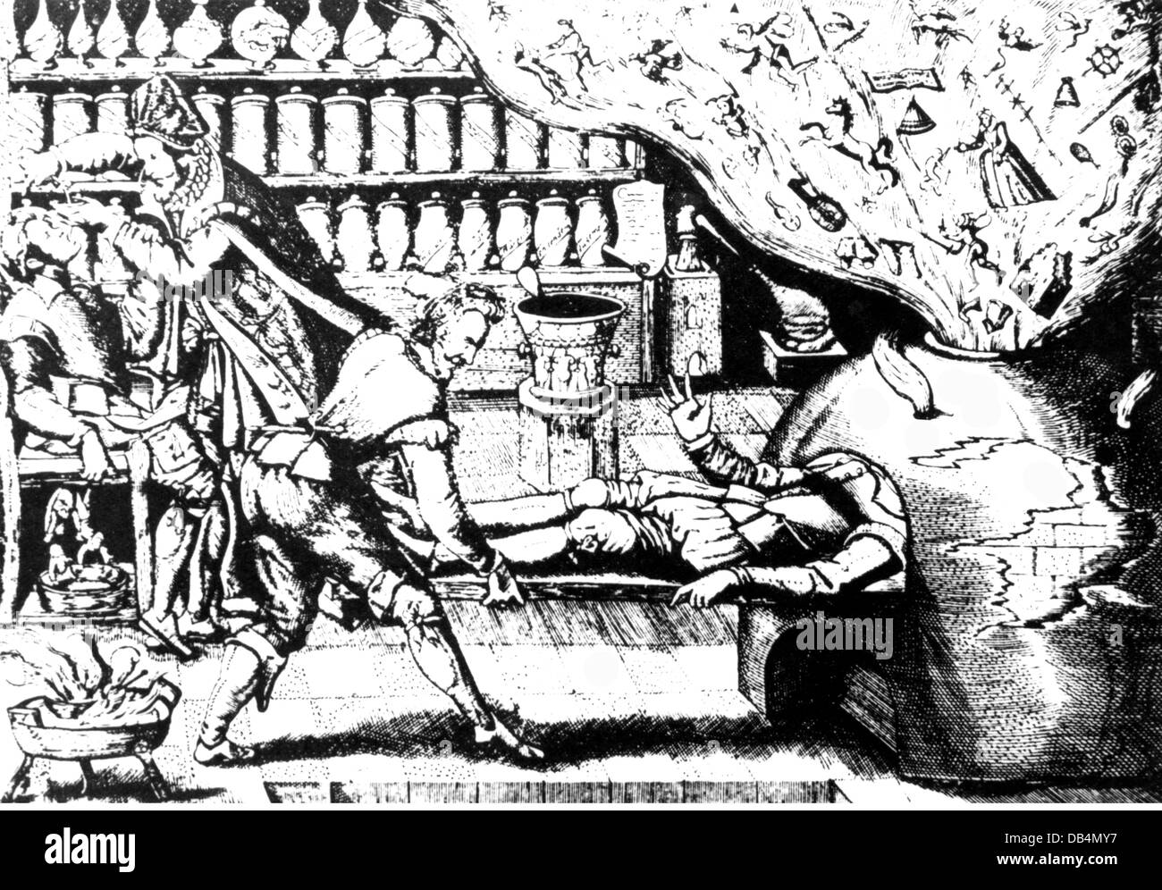 medicine, quacksalver, driving out fantasies of hyochondriacs with drugs and kiln, copper engraving, 17th century, 17th century, graphic, graphics, humor, humour, satire, charlatanry, quackery, quackeries, charlatans, quacksalver, quack, charlatan, half length, standing, treatment, treatments, ill-treatment, treat, treating, doctor, doctoring, sick person, sick people, patient, patients, pottery-kiln, downdraught kiln, single-chambered kiln, updraught kiln, cross-draught kiln, stove, stoves, hypochondria, hypochondriac, valetudinarian, medicine, medici, Artist's Copyright has not to be cleared Stock Photo