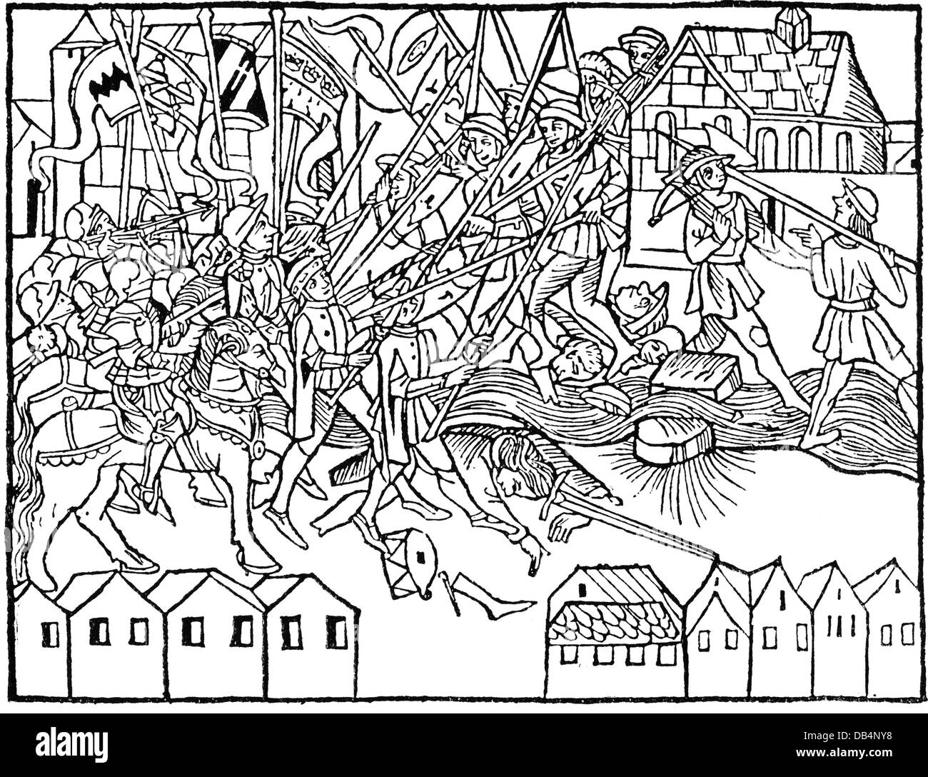 Weavers Uprising in Cologne 1370 - 1371, weaver battle, 20.11.1371, woodcut, Cologne chronicle by Johann Koelhoff, 1499, Germany, Cologne, Middle Ages, riot, riots, combat, combats, fight, fights, knight, knights, citizen, citizens, patrician, patricians, flags, weaver flag, civil war, weaver, weavers, craftsman, craftsmen, craftsperson, craftspersons, craftspeople, tradesman, tradesmen, oly Roman Empire, 14th century, historic, historical, medieval, people, Additional-Rights-Clearences-Not Available Stock Photo
