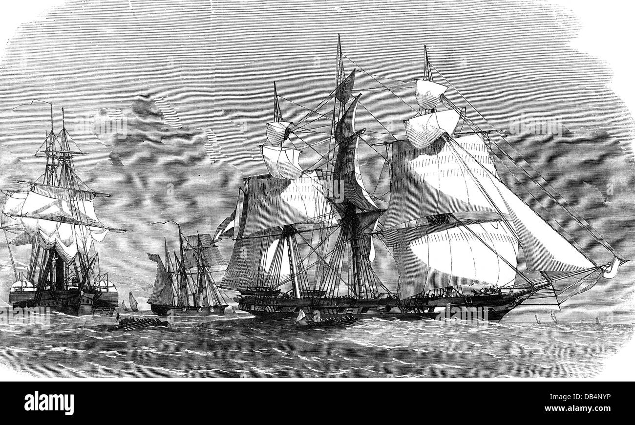 slavery, combat, British warships HMS 'Styx' and HMS 'Jasper' capturing the slave ship 'Emilia' before Cuba, 22.3.1858, wood engraving, 'Illustrated London News', 15.5.1858, Additional-Rights-Clearences-Not Available Stock Photo