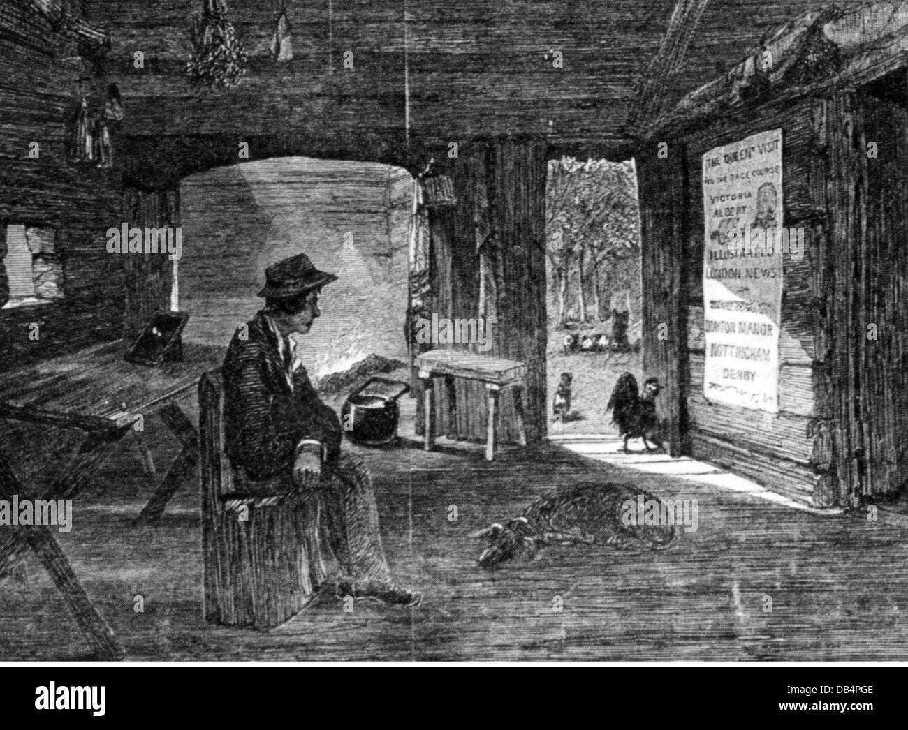 metal, gold, wooden hut of a gold digger, interior view, Australia, drawing, 1850, Additional-Rights-Clearences-Not Available Stock Photo