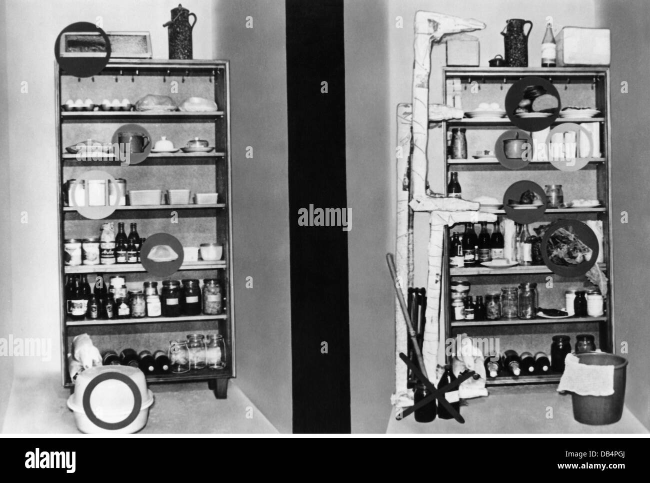 food, repertory, comparison, right disorderly, left exemplary, German Hygiene Museum, Dresden, 1950s, Additional-Rights-Clearences-Not Available Stock Photo