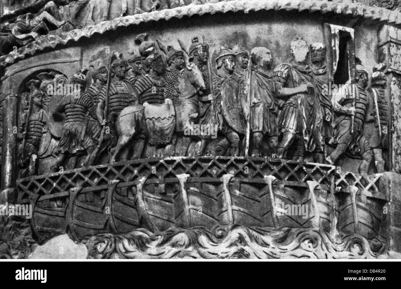 military, Ancient World, Roman Empire, Roman soldiers cross the Danube river on a pontoon bridge, relief on the Column of Marcus Aurelius, Rome, 180 - 193, victory column, Marcomannic Wars 166 - 180, legionnaire, legionaries, auxiliary troops, auxilaries, aux troops, ancillary troops, auxiliary forces, pack animal, pack animals, hinny, hinnies, bridge, bridges, Germanic, wars, war, column, columns, fine arts, art, 2nd century, historic, historical, people, ancient world, Additional-Rights-Clearences-Not Available Stock Photo
