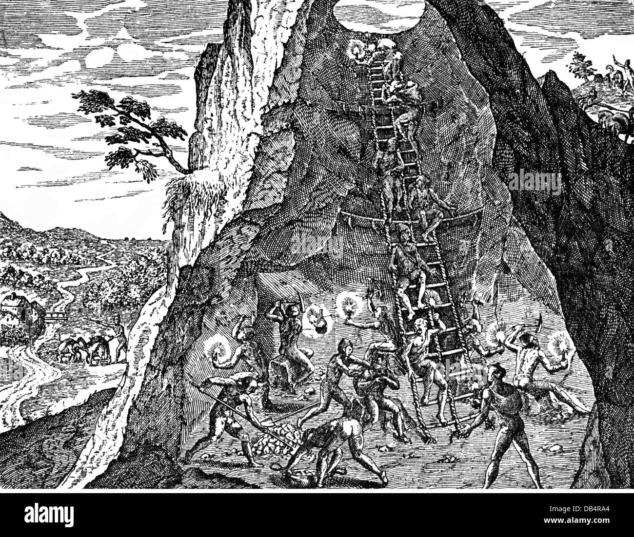 metal, gold, gold mine of the Indians, South America, copper engraving, out of: 'America partes', Frankfurt, 1590, Artist's Copyright has not to be cleared Stock Photo