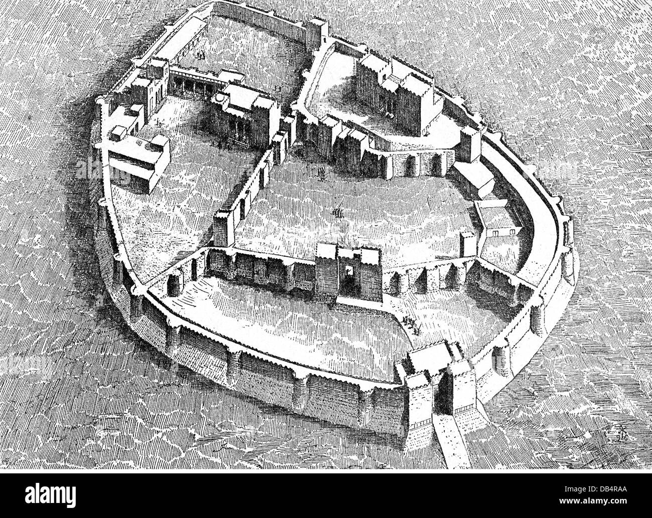 military, fortresses, Aramaean castle of Sam'al, North Syria, 9th century BC, reconstruction, wood engraving, 19th century, wall, walls, towers, Syria, Arameans, Aramaeans, Aramean, rampart, ramparts, castles, castle, Samal, Bit Gabbar, Ja'udi, Jaudi, fortress, fortresses, historic, historical, ancient world, Additional-Rights-Clearences-Not Available Stock Photo