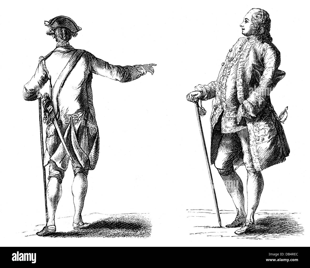 military, France, soldiers, left: common soldier, right: officer (major), mid 18th century, after Leclercq, wood engraving, 19th century, uniform, uniforms, baroque, army, armies, weapon, weapons, arms, sabre, sabres, fashion, hat, hats, stick, sticks, outfit, outfits, clothes, headpiece, headpieces, historic, historical, people, Additional-Rights-Clearences-Not Available Stock Photo