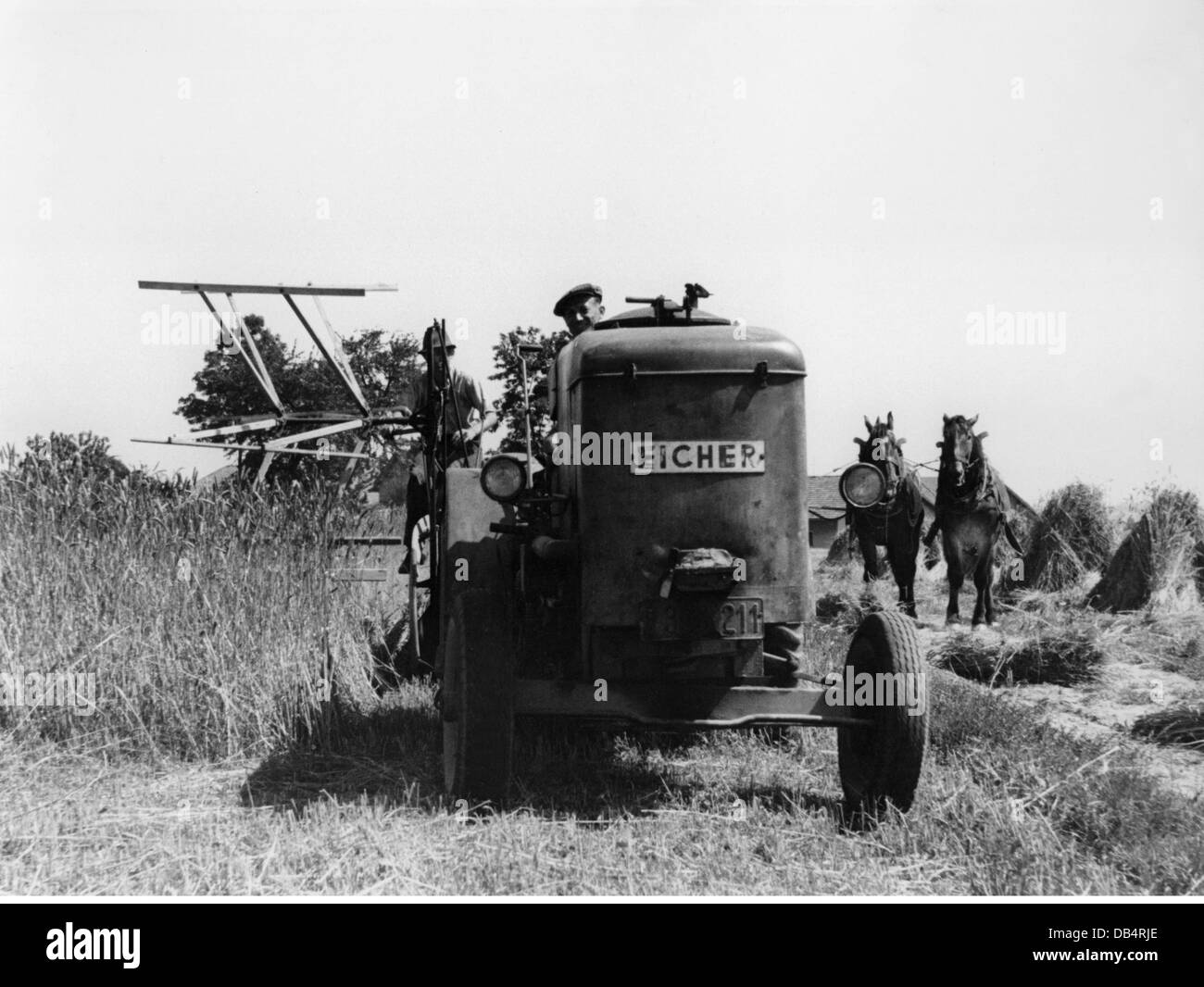 agriculture, machines, Eicher tractor at the grain harvest, 1950s, Additional-Rights-Clearences-Not Available Stock Photo