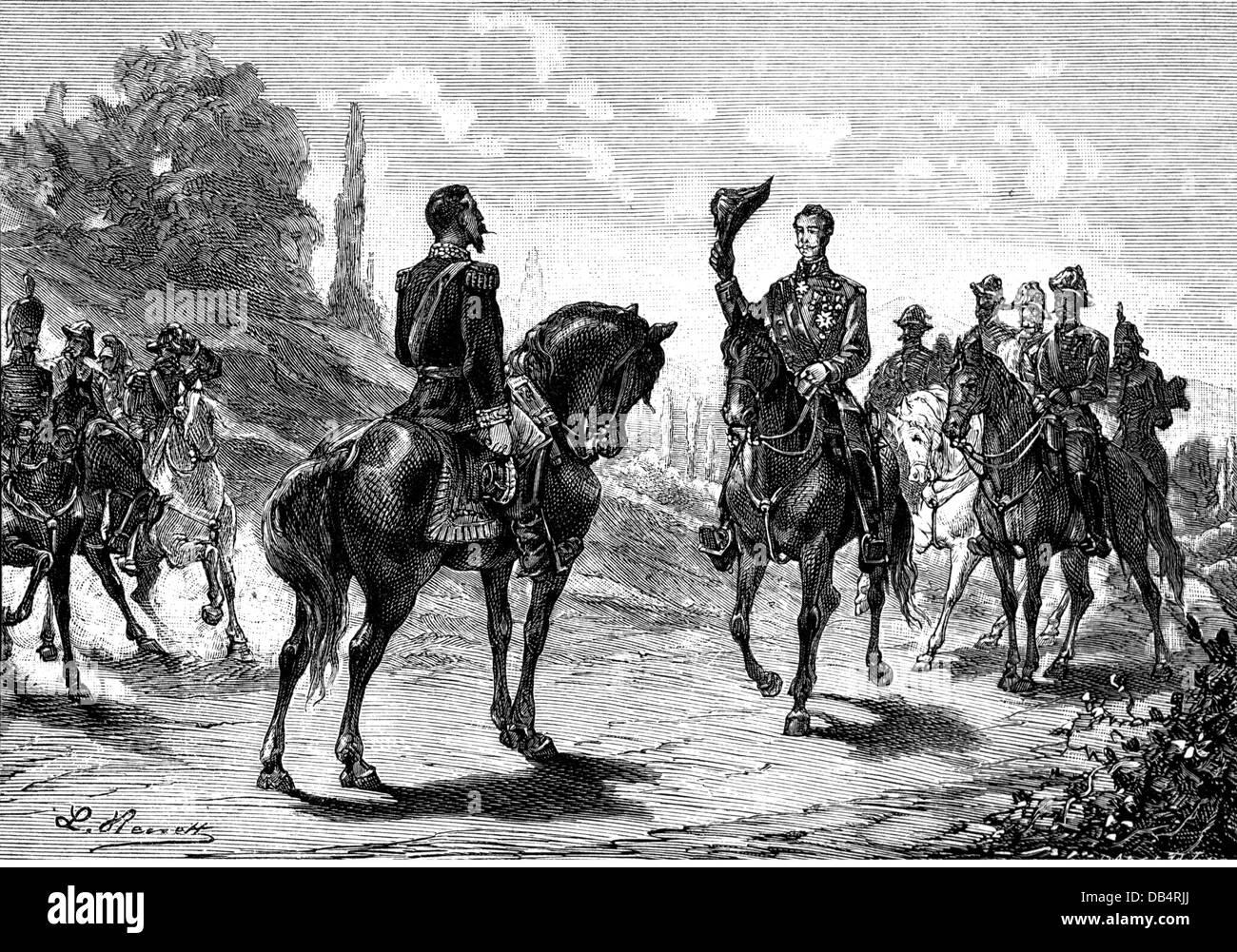 Sardinian War 1859, meeting between Emperor Napoleon III of France and Emperor Franz Joseph I of Austria at Villafranca, 11.7.1859, wood engraving, 19th century, Second Italian War of Independence, Italy, Bonaparte, Habsburg Lorraine, Habsburg-Lorraine, Unification Wars, Risorgimento, negotiations, preliminary quietude, armistice, Second Empire, empire Austria, war, wars, meeting, meetings, emperor, emperors, historic, historical, Francis, people, Additional-Rights-Clearences-Not Available Stock Photo