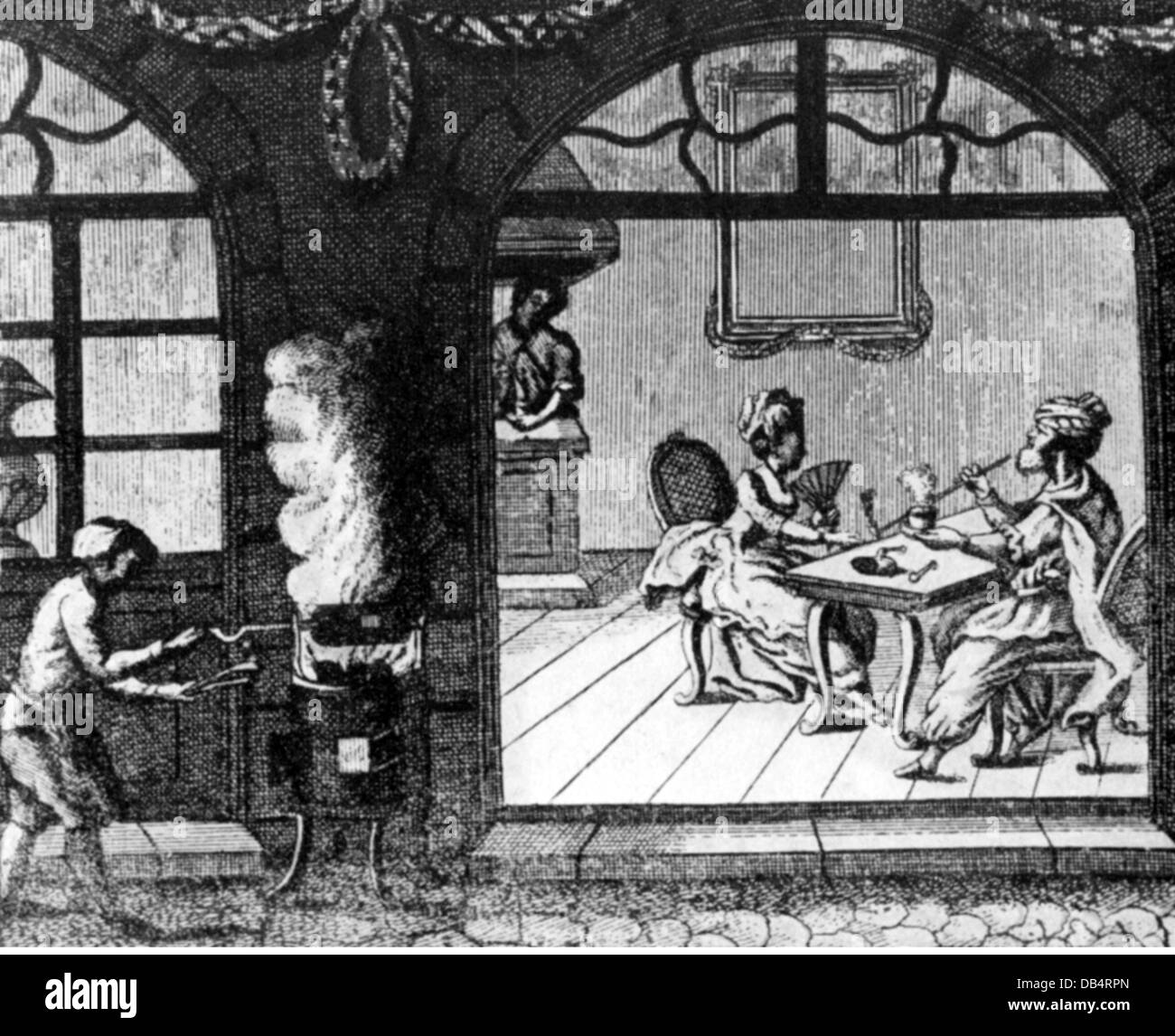 gastronomy, cafes / street cafes, lady and Turk in coffeeehouse, wood engraving, 19th century, 19th century, graphic, graphics, coffeeehouse, coffee shop, coffeee bar, coffeeehouses, coffeee bars, half length, sitting, sit, table, tables, fan, fans, smoking pipe, pipes, smoking, oven, ovens, smoke, steam, steaming, preparation, preparations, prepare, preparing, coffeee, beverage, beverages, drink, drinks, historic, historical, female, woman, male, man, men, people, women, Additional-Rights-Clearences-Not Available Stock Photo