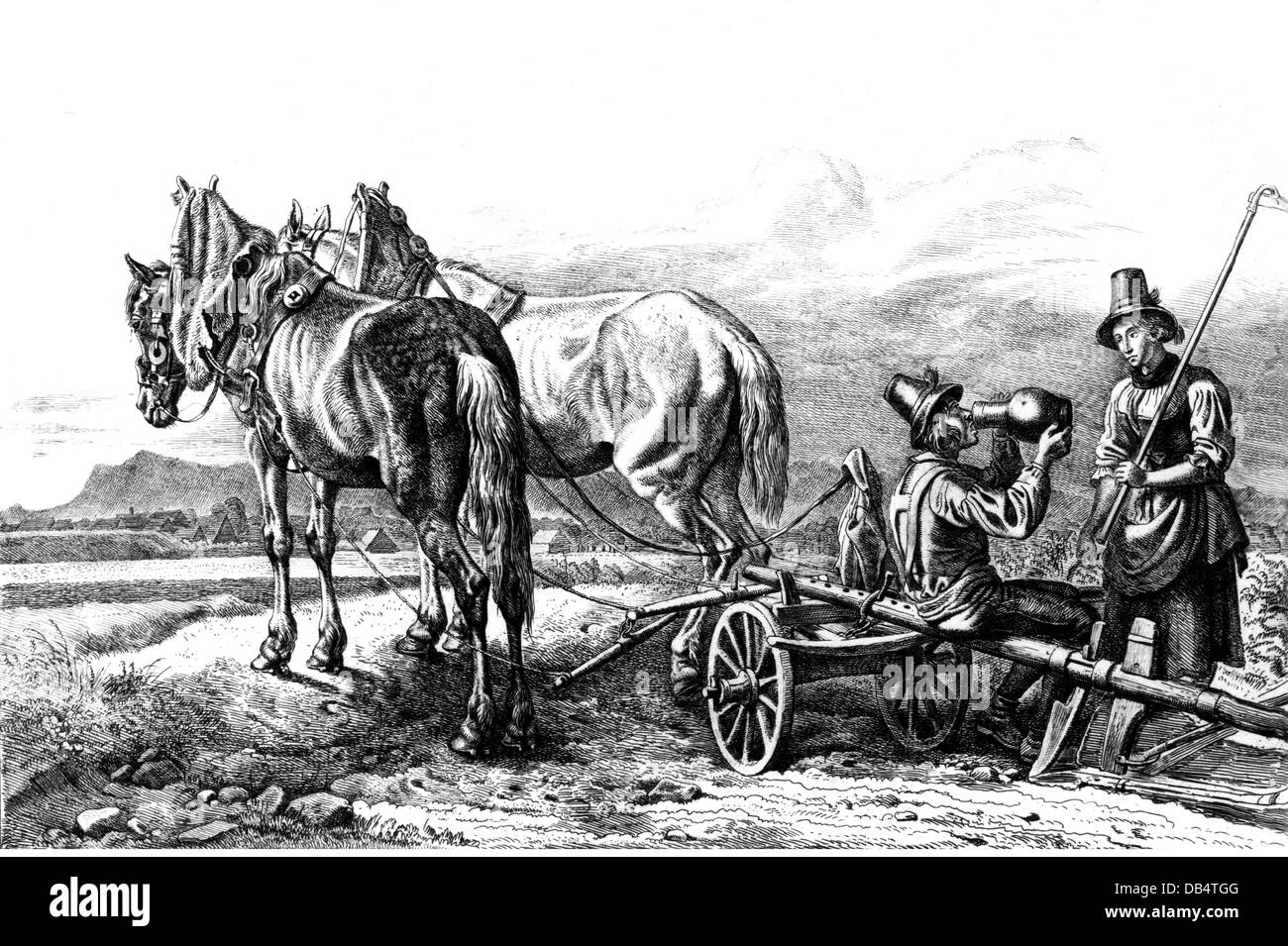 agriculture, country life, break during plowing near Sendling, after etching by Adam Johann Klein, 1845, Additional-Rights-Clearences-Not Available Stock Photo