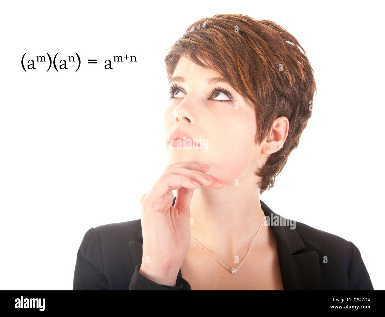 Young woman looking at mathematics isolated on white background Stock Photo