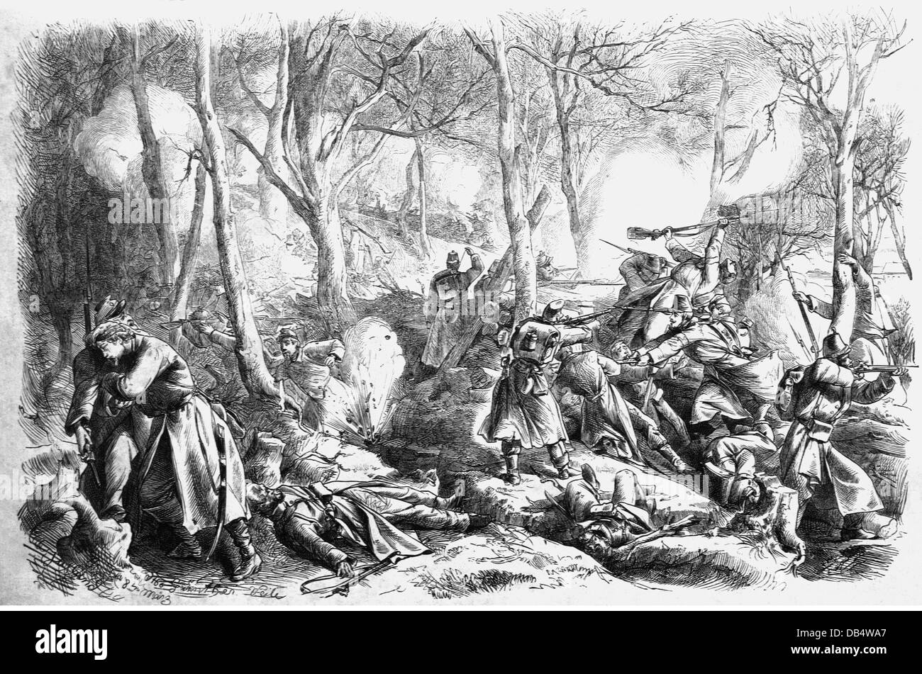events, Second Schleswig War 1864, skirmish at Vejle, 8.3.1864, Austrian infantry attacking a Danish position, wood engraving after drawing by Otto Guenther, Additional-Rights-Clearences-Not Available Stock Photo