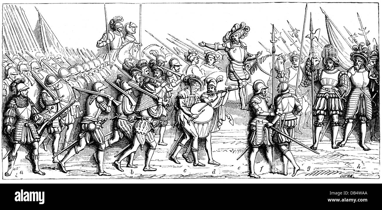 military, France, infantry on the march, wood engraving after a relief on the tomb of King Francis I (died in 1547), a: infantryman with arquebus (arquebusier), b: gendarme, c and d: tambour and piper, e: infantry captain, f and g: pikiner and halberdsman, h: Swiss soldiers (captain and ensign), soldiers, soldier, mercenary, mercenaries, rifleman, riflemen, musician, musicians, officers, officer, Renaissance, Italian Wars, war, Italy, historic, historical, standard-bearer, standard-bearers, 16th century, people, Additional-Rights-Clearences-Not Available Stock Photo