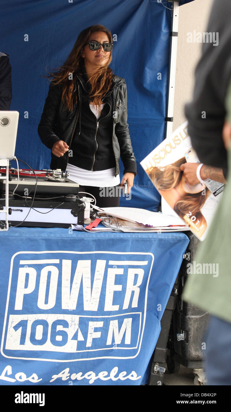 Liz Hernandez aka Luscious Liz broadcasting her radio show in front of Sprint store Los Angeles, California - 20.04.11 Stock Photo