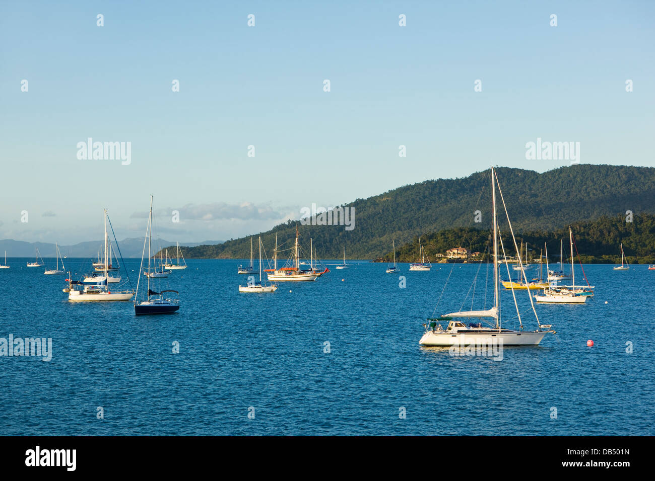 Yachts moored in Pioneer Bay at sunset. Airlie Beach, Whitsundays