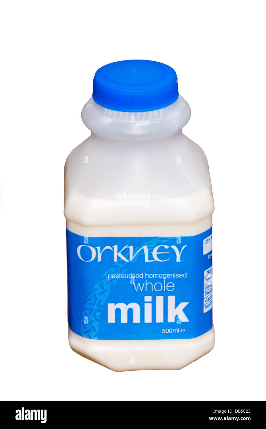 A half-litre 500ml plastic bottle of Orkney pasteurised homogenised whole milk. Stock Photo