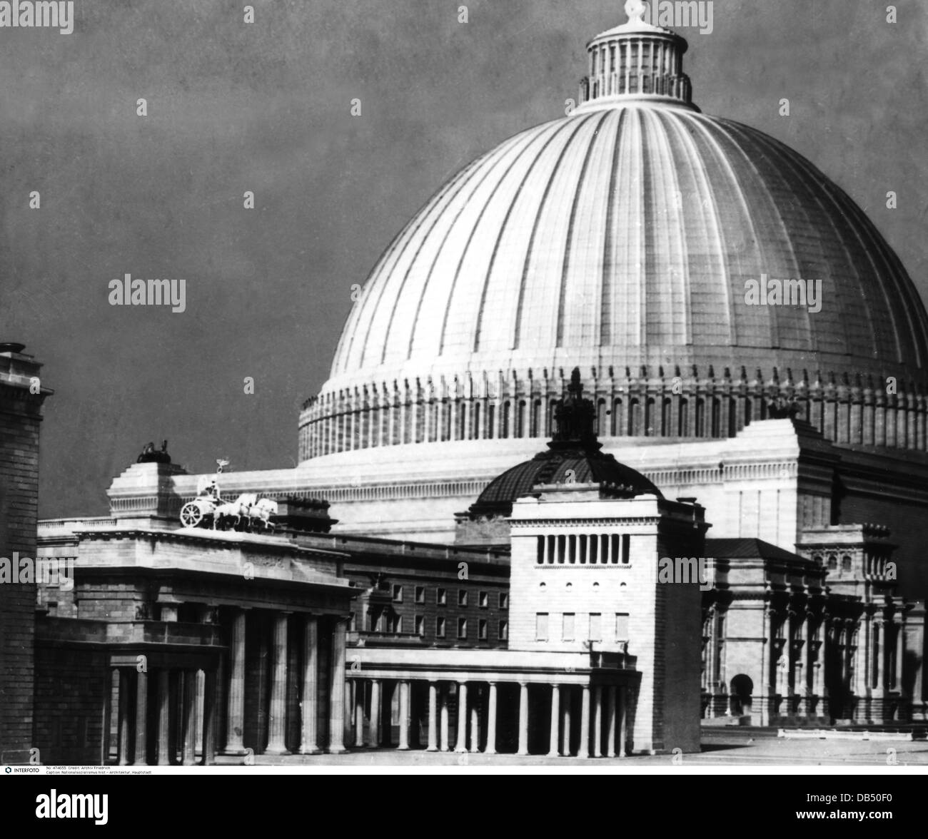 Nazism / National Socialism, architecture, capital of the German Reich "Germania" (former Berlin), Brandenburg Gate, Fuehrer Palace and Great Hall, miniature, draft by Albert Speer, late 1930s, Additional-Rights-Clearences-Not Available Stock Photo