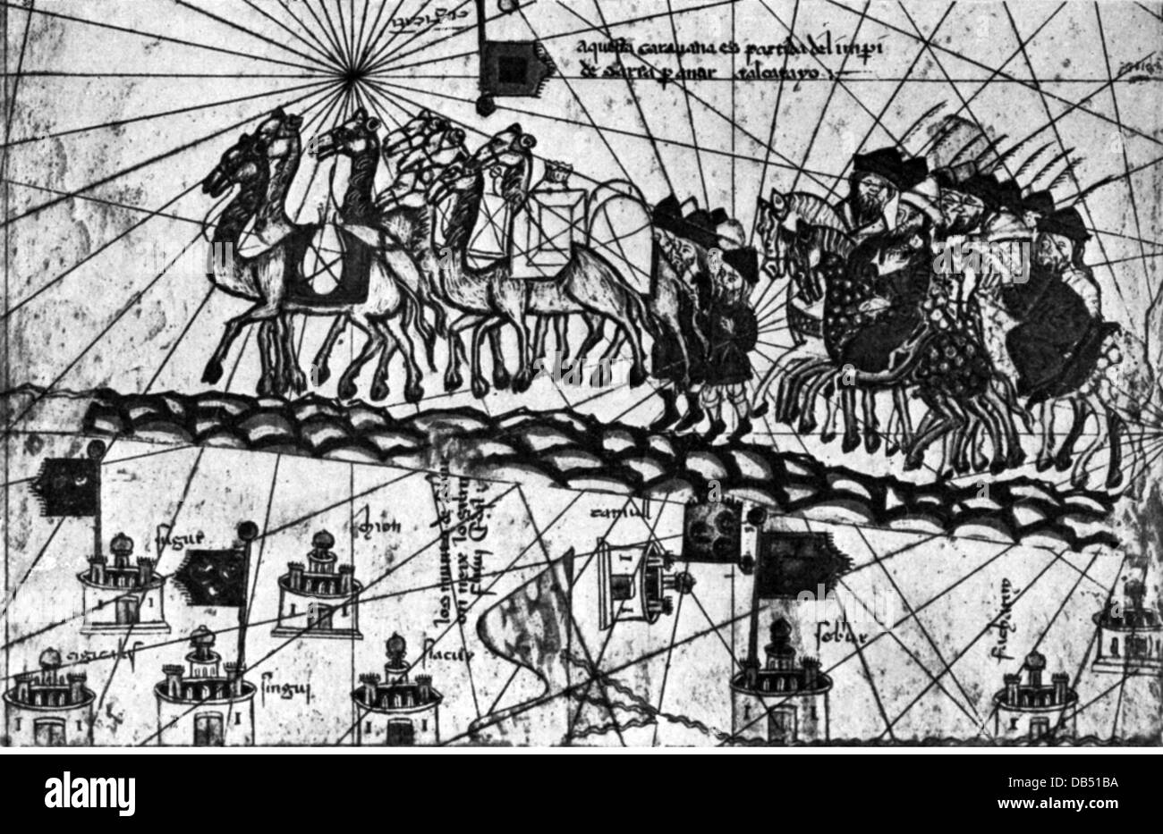 trade, transportation of goods, caravan on the way to Cathay, drawing from of the Catalan Atlas by Abraham Cresques (+ circa 1387), 1375, Additional-Rights-Clearences-Not Available Stock Photo