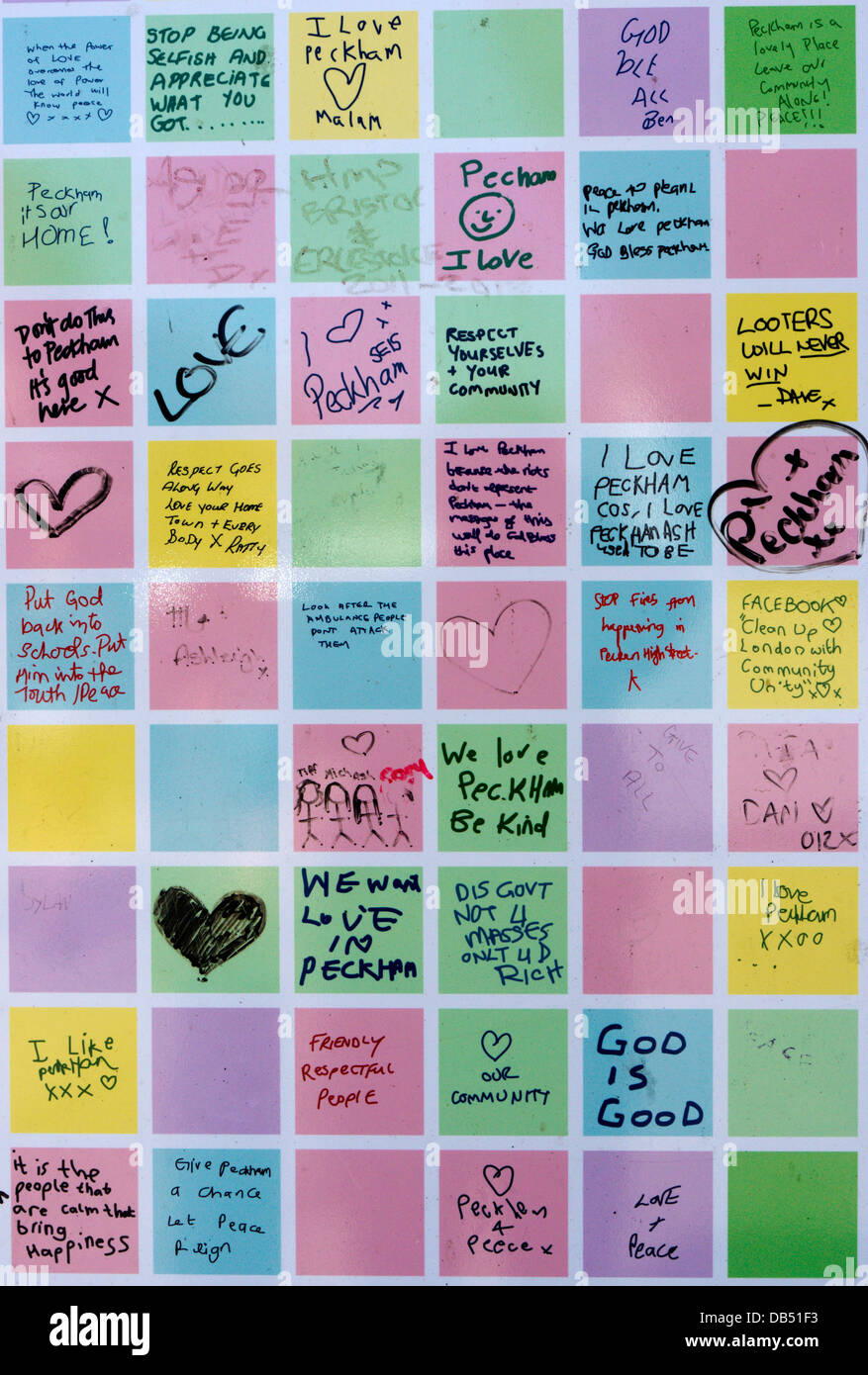 The Peckham Peace Wall was created as a commemoration of the community spirit which followed the 2011 riots. Stock Photo