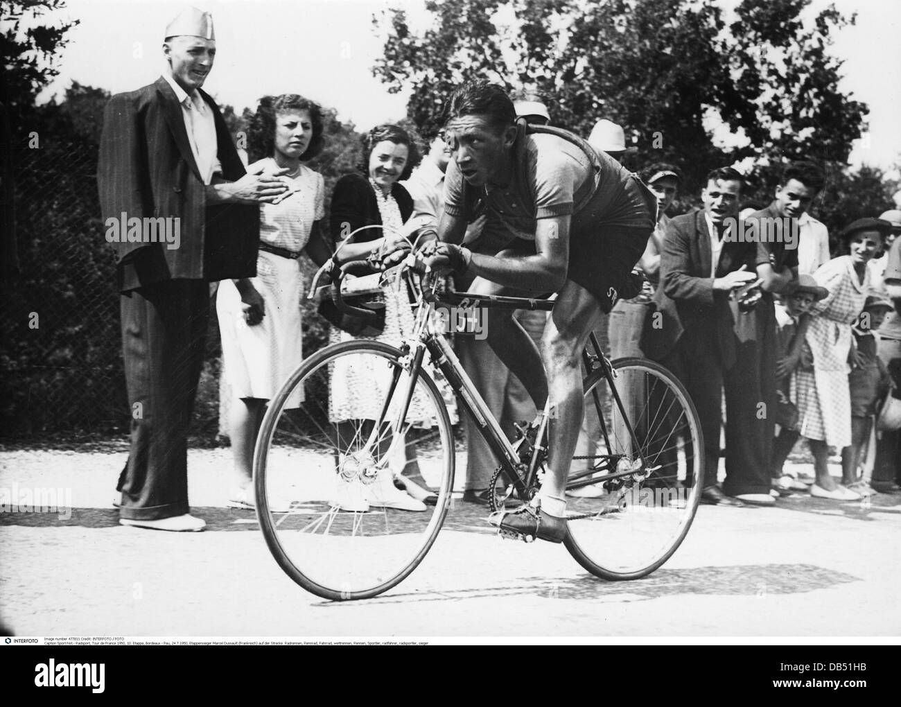 sports, cycling, Tour de France 1950, stage 10, Bordeaux - Pau, stage winner Marcel Dussault (France), 24.7.1950, 1950s, 50s, 20th century, historic, historical, cycle race, cycle races, racing cycle, racer, road bike, racing cycles, racers, road bikes, bicycle, bike, bicycles, bikes, athlete, athletes, bicycle racing sport, bicycle racer, racing cyclist, spectator, spectators, audience, audiences, people, Additional-Rights-Clearences-Not Available Stock Photo