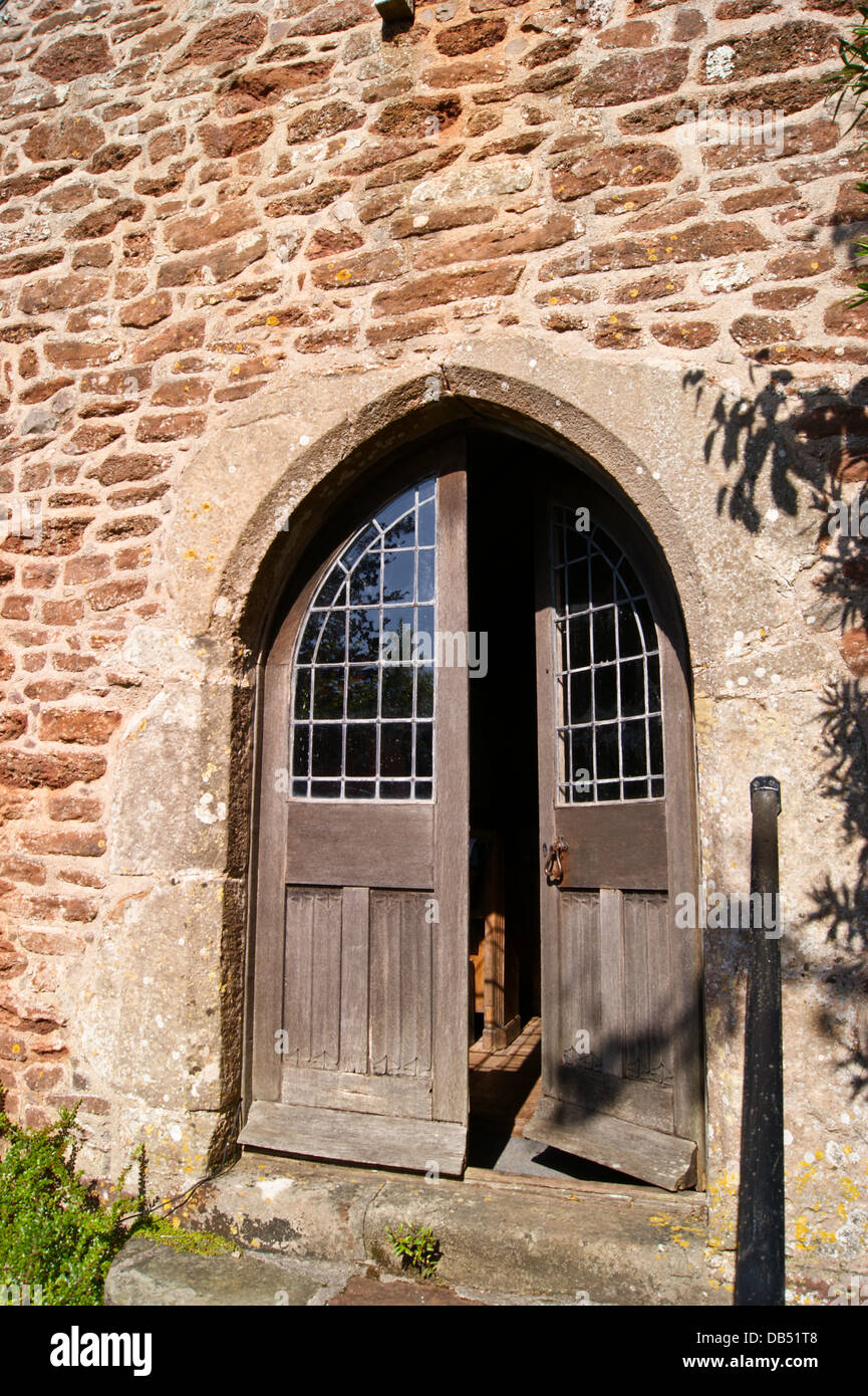 Entrance porch of St. Leonard's mediaeval thatched chapel of ease, 14th. century, Tivington, Minehead, Somerset Stock Photo