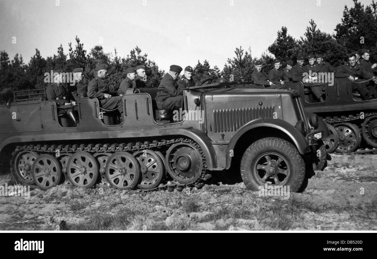 Nazism / National Socialism, military, Wehrmacht, Luftwaffe, soldiers of an anti-aircraft artillery unit with half-track tractors Sonderkraftfahrzeug 7, circa 1940, air force, Second World War, WWII, vehicle, vehicles, tractor, AA, Sdkfz., 20th century, historic, historical, Germany, prime mover, people, 1930s, 1940s, Additional-Rights-Clearences-Not Available Stock Photo