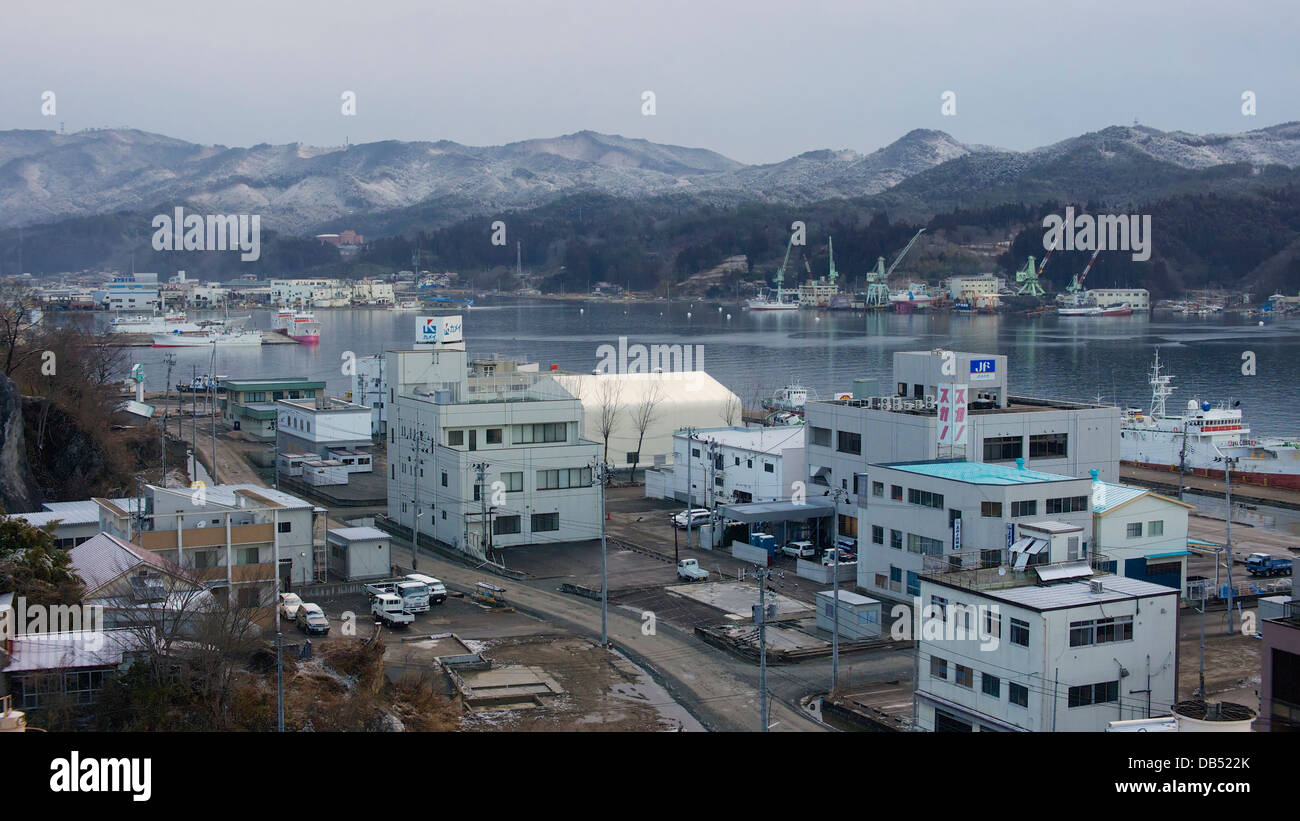 Aerial High Angle View Of Kesennuma City And Its Fishing Port