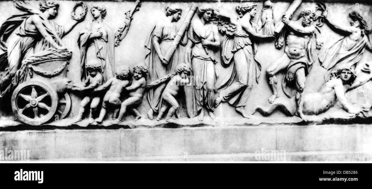 geography / travel, Germany, Berlin, Brandenburg Gate, detail, Attica, relief 'Der Zug des Friedens' (procession of peace), right half, by Gottfried Schadow, 1792, Additional-Rights-Clearences-Not Available Stock Photo