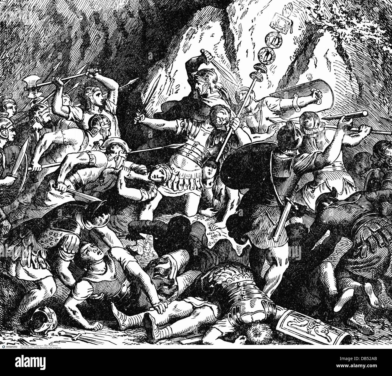 ancient world, Roman Empire, downfall of the gens Fabia, 477 BC, history painting, wood engraving, 19th century, Roman, Romans, patrician, patricians, legend, Roman legends, war against Veji, Etruscan, Etruscans, Fabius, massacres, standard, guidon, battle, battles, battlefield, battle field, battleground, battle fields, bloodbath, carnage, slaughter, massacre, ancient world, ancient times, historic, historical, ancient world, people, Additional-Rights-Clearences-Not Available Stock Photo