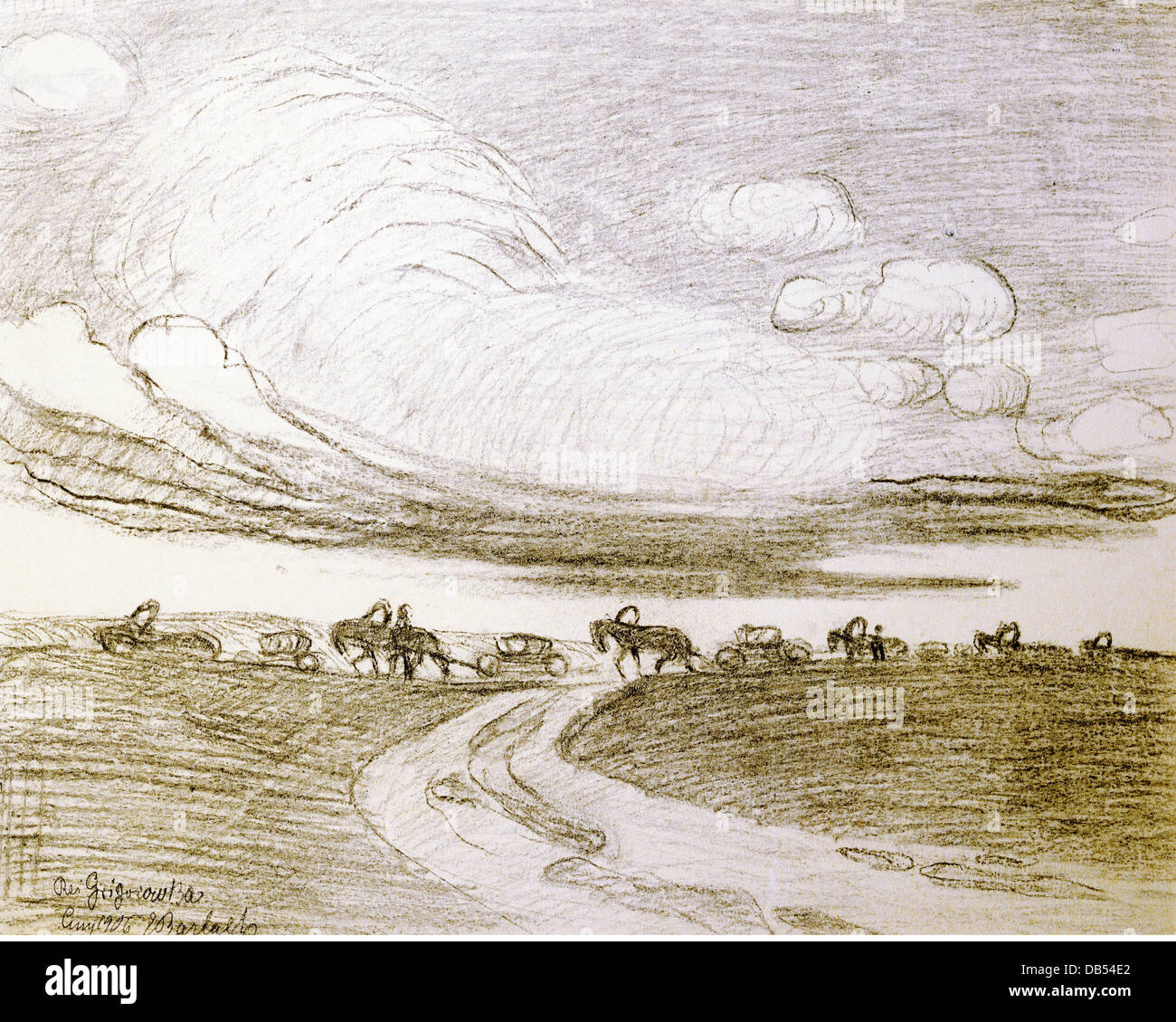 fine arts, Barlach, Ernst (1870 - 1938), graphic, 'Wagenzug in der Steppe' (Wagon column in the steppe), charcoal drawing, 27.1 Stock Photo