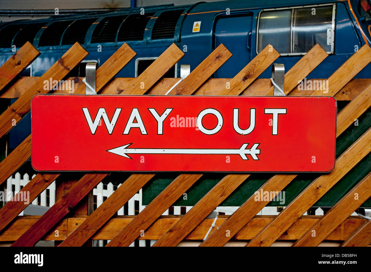 Close up of old railway station train platform sign 'Way out' exit signage England UK United Kingdom GB Great Britain Stock Photo