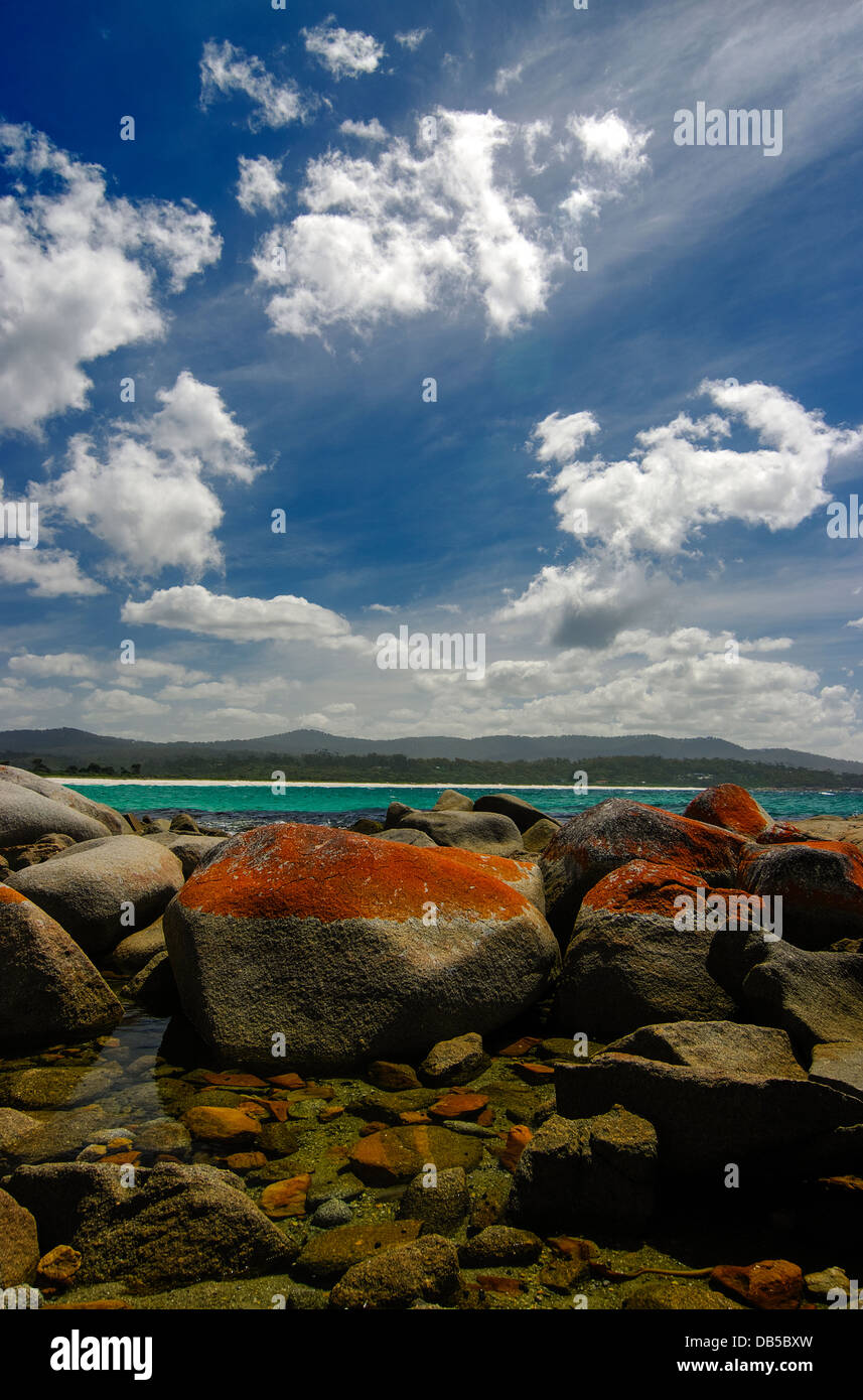 Rock and rock pool at the Bay of Fires on the east coast of Tasmania. Stock Photo