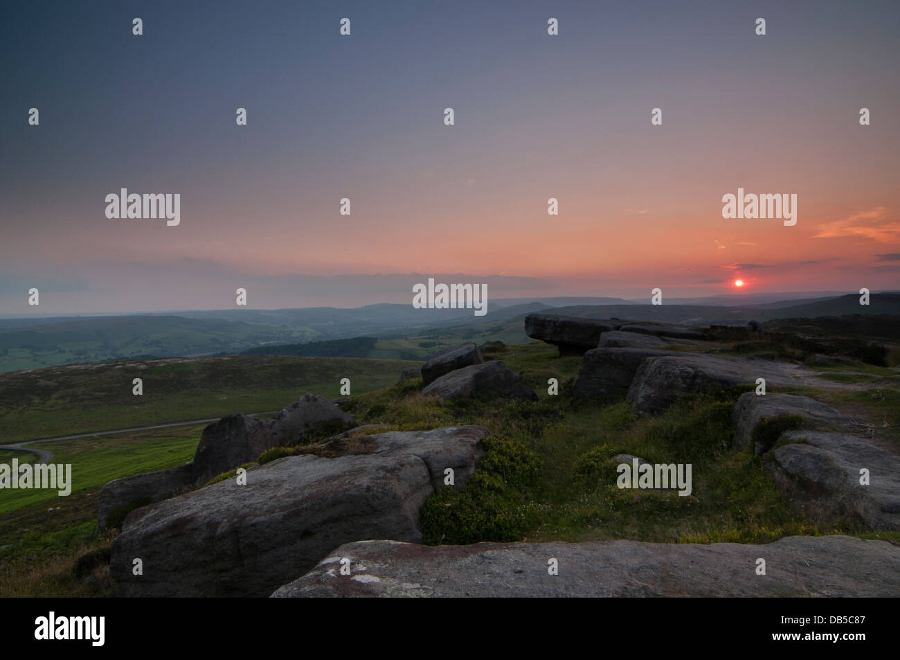 Red sunset over Stanage in the Peak District National Park. Stock Photo