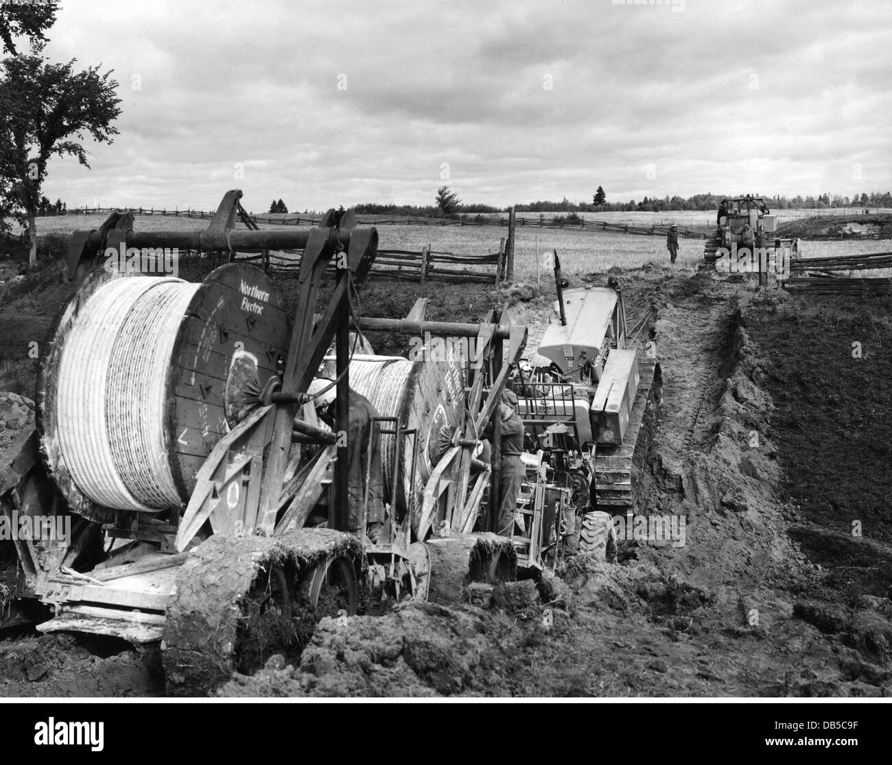 geography / travel, Canada, transport / transportation, tracked vehicle pull the plow and telephone cable-laying equipment, near St. Anne de la Perade, Quebec, 1960s, Additional-Rights-Clearences-Not Available Stock Photo