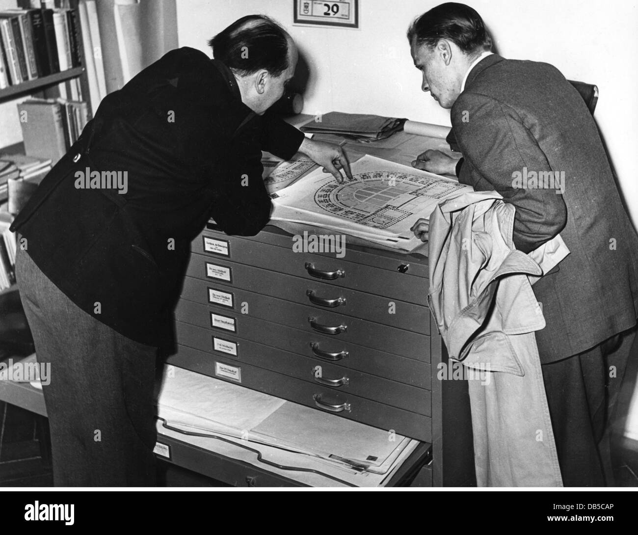 science, history, Institut fuer Zeitgeschichte (Institute of Contemporary History), Munich, Germany, staff members at a cabinet with building plans from the Third Reich, circa 1950, Additional-Rights-Clearences-Not Available Stock Photo