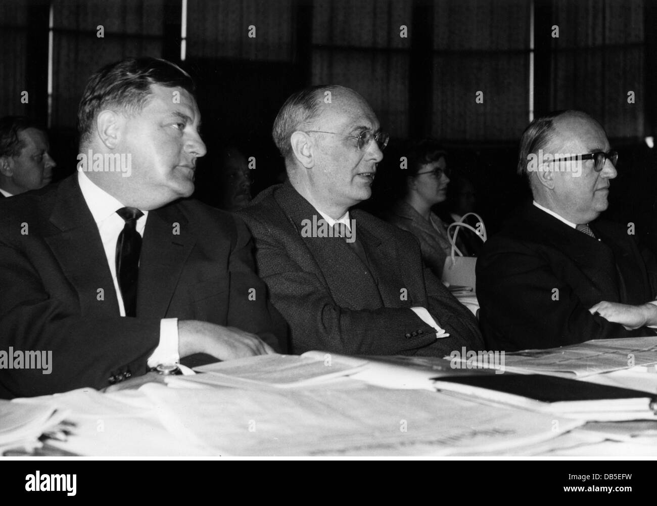 geography / travel, politics, party, Christian Democratic Union (CSU), 9th federal party convent, Franz Joseph Strauss (CSU), Franz Etzel, Walter Hallstein, Karlsruhe, 26.4.1960 - 29.4.1960, Additional-Rights-Clearences-Not Available Stock Photo