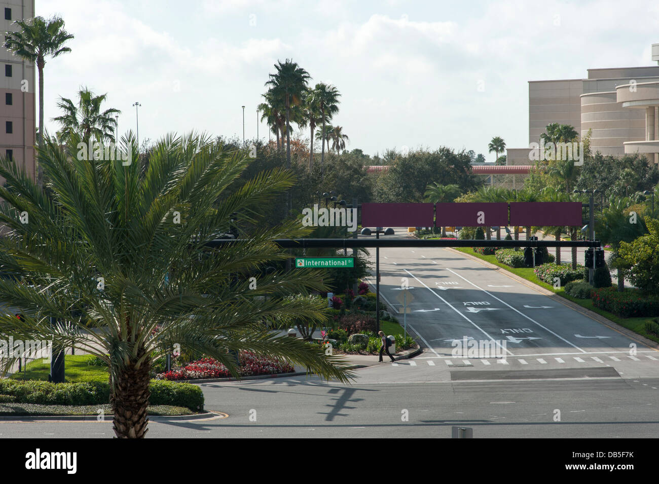 Pedestrian crossing the road, International Drive road sign clearly visible, close to the convention center, Orlando Florida. Stock Photo