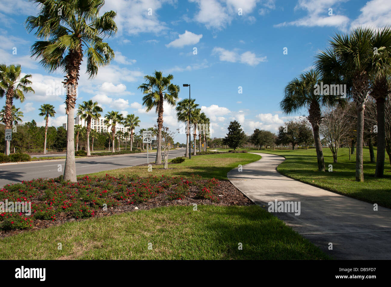 International Drive, outside the Orange county convention centre. 45mph speed limit signs visible. Stock Photo