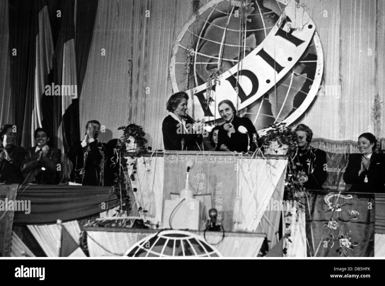 politics, International Women's Congress, Budapest, 3.- 6.12.1948, closing speech of Eugenie Cotton, 6.12.1948, Women's International Democratic Federation, Hungary, women, post war period, 1940s, 40s, 20th century, historic, historical, people, Additional-Rights-Clearences-Not Available Stock Photo