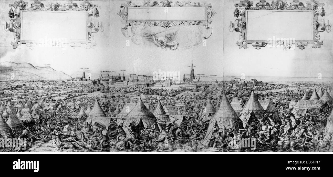 events, Ottoman Wars, Siege of Vienna 1529, view of the bivouac of the Turkish army and the city of Vienna in the background, in the foreground fighting soldiers, etching by Hans Sebald Lautensack, 1558, Additional-Rights-Clearences-Not Available Stock Photo