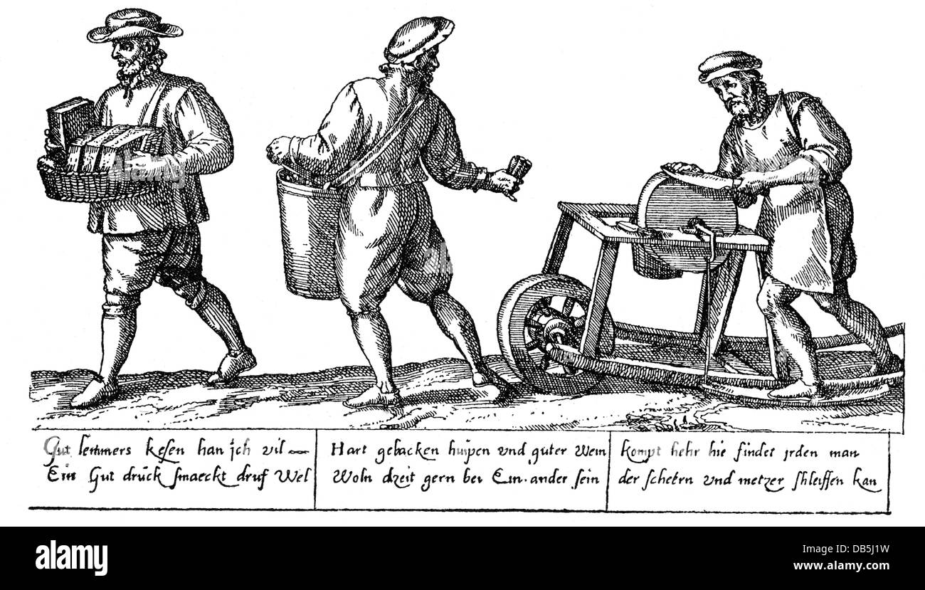 people, professions, chapman, two chapmen and a scissors grinder, copper engraving, Germany, 17th century, books, vendor, trade, grindstone, grinding, knive, vagrancy, handcraft, craftsmen, historic, historical, Artist's Copyright has not to be cleared Stock Photo