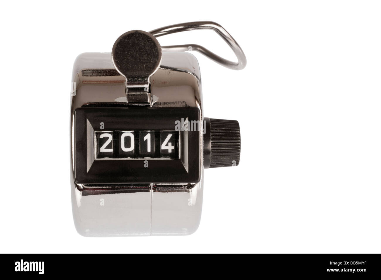 Chrome analog pedometer with is counter set at the year 2014 Stock Photo