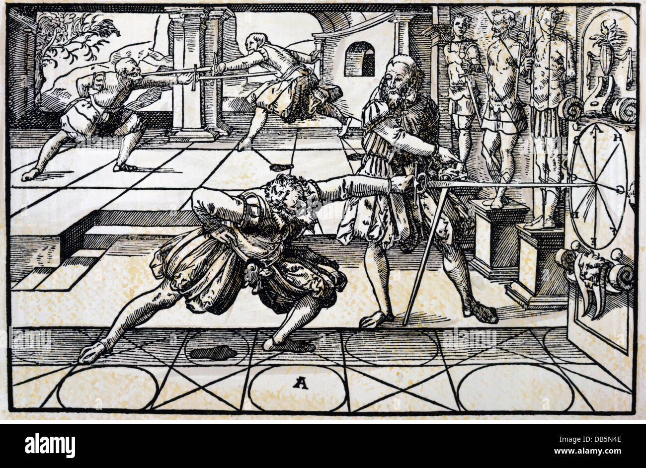 sport, fencing, fencing academy, straight blow on the target plate, back: parade and riposte, woodcut, Germany, late 17th century, swordsmanship, swordsmen, swordsman, fencer, fencers, teacher, master, school, weapons, arms, rapier, nobility, historic, historical, people, Additional-Rights-Clearences-Not Available Stock Photo