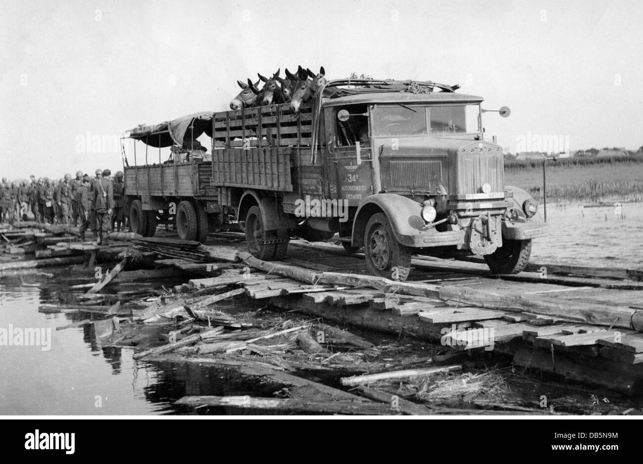 military, Italy, manoeuvre of the Italian army, late 1930s, lorry with mules, crossing a river over a makeshift bridge, Additional-Rights-Clearences-Not Available Stock Photo