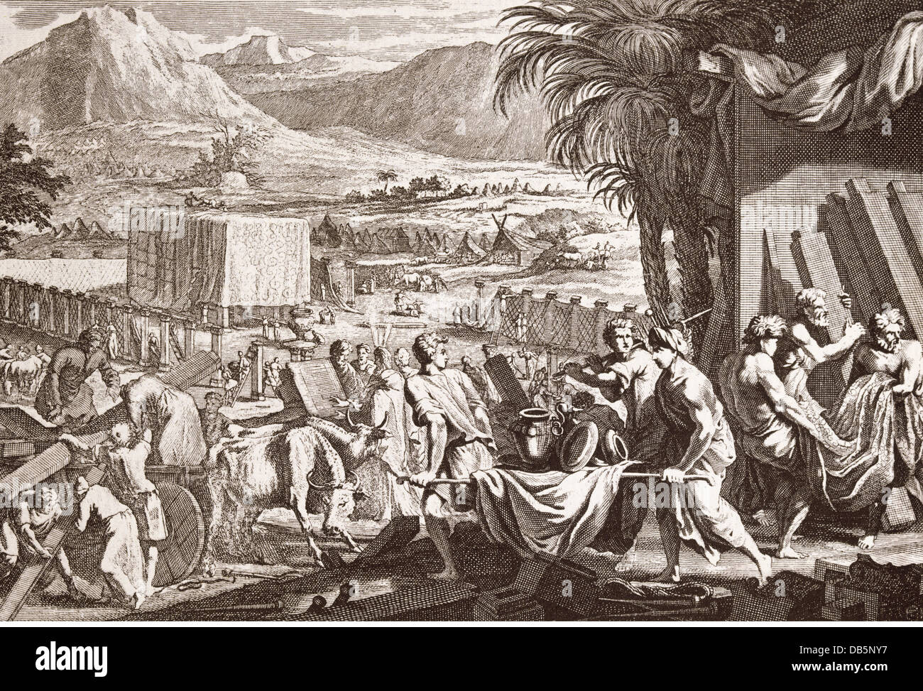 religion, biblical scenes, Moses erecting the Ark of the Covenant, copper engraving by Jan Goeree, Amsterdam, 1730, Artist's Copyright has not to be cleared Stock Photo