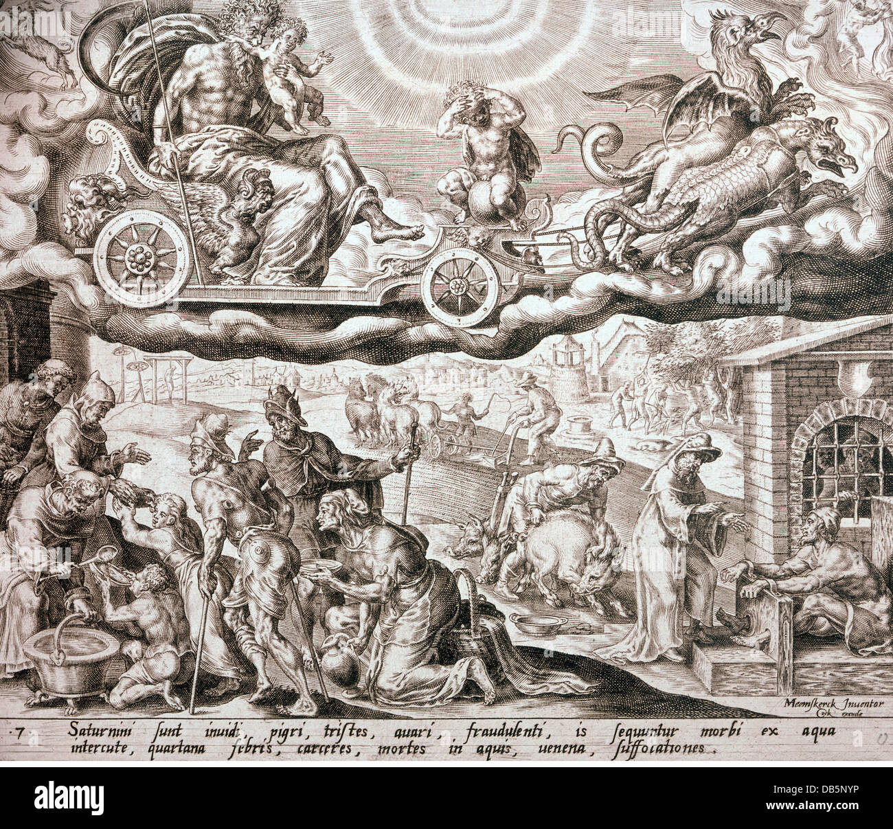 astrology, planets, Saturn, carryied on cart by two dragons, from 'The seven Planet Gods', copper engraving by Marten van Heemskerck, 21x25 cm, 16th century, Artist's Copyright has not to be cleared Stock Photo